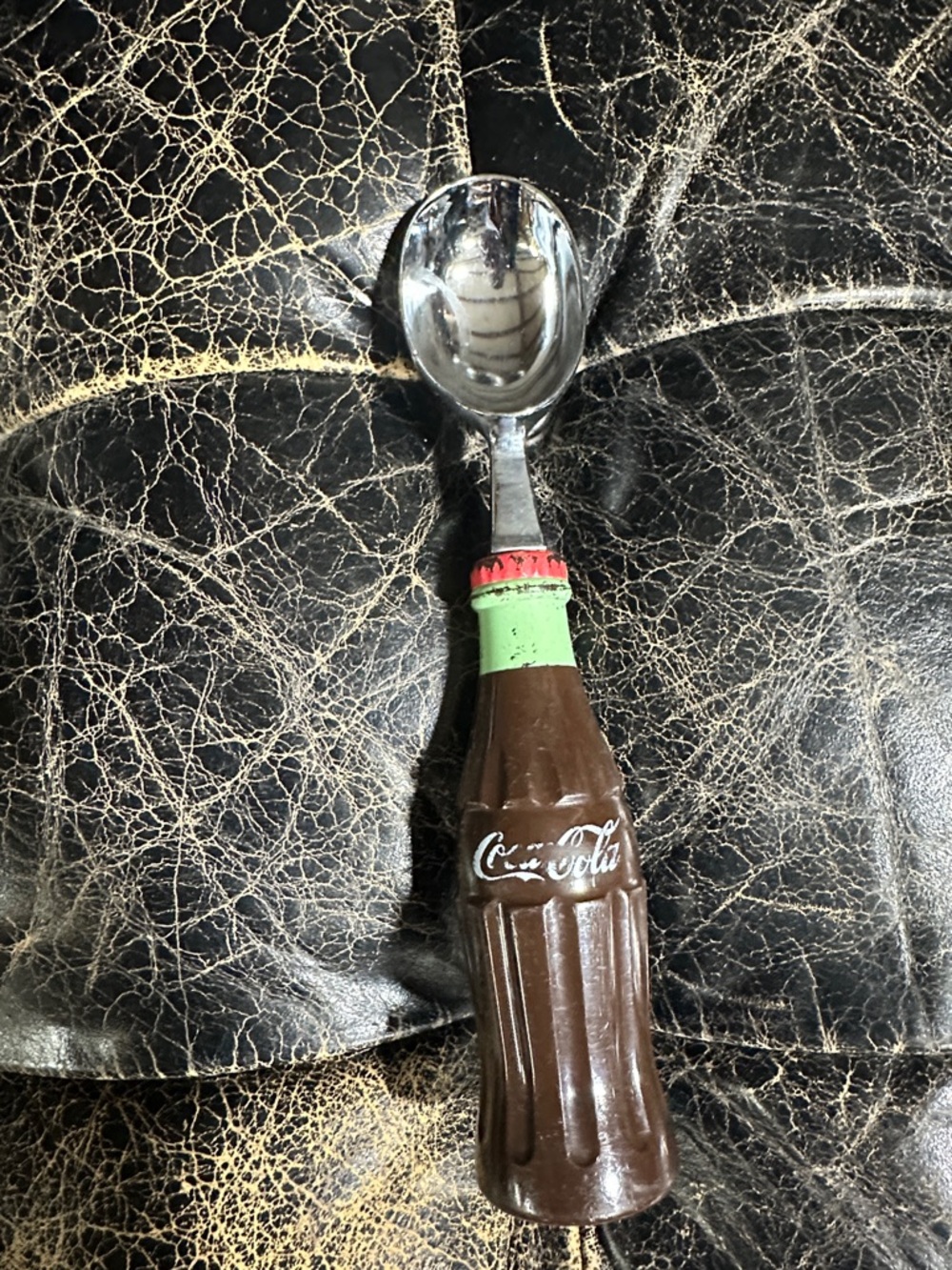 Vintage 1990’s Coca Cola Green & Brown Bottle Handle Dessert Spoon